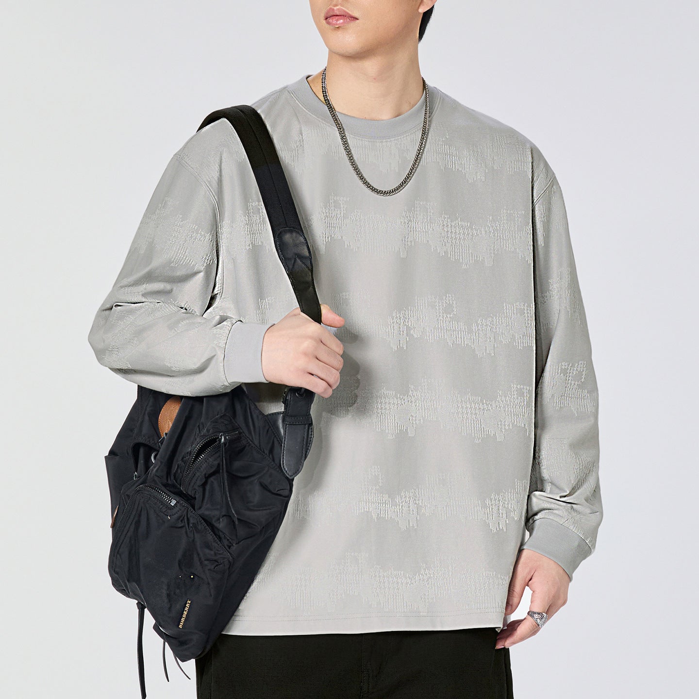 Men's Jacquard Long-Sleeve Crewneck T-Shirt - Loose Fit