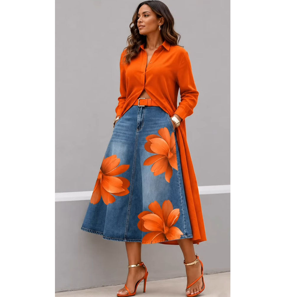 Women's Floral Print A-Line Midi Skirt - High Waist