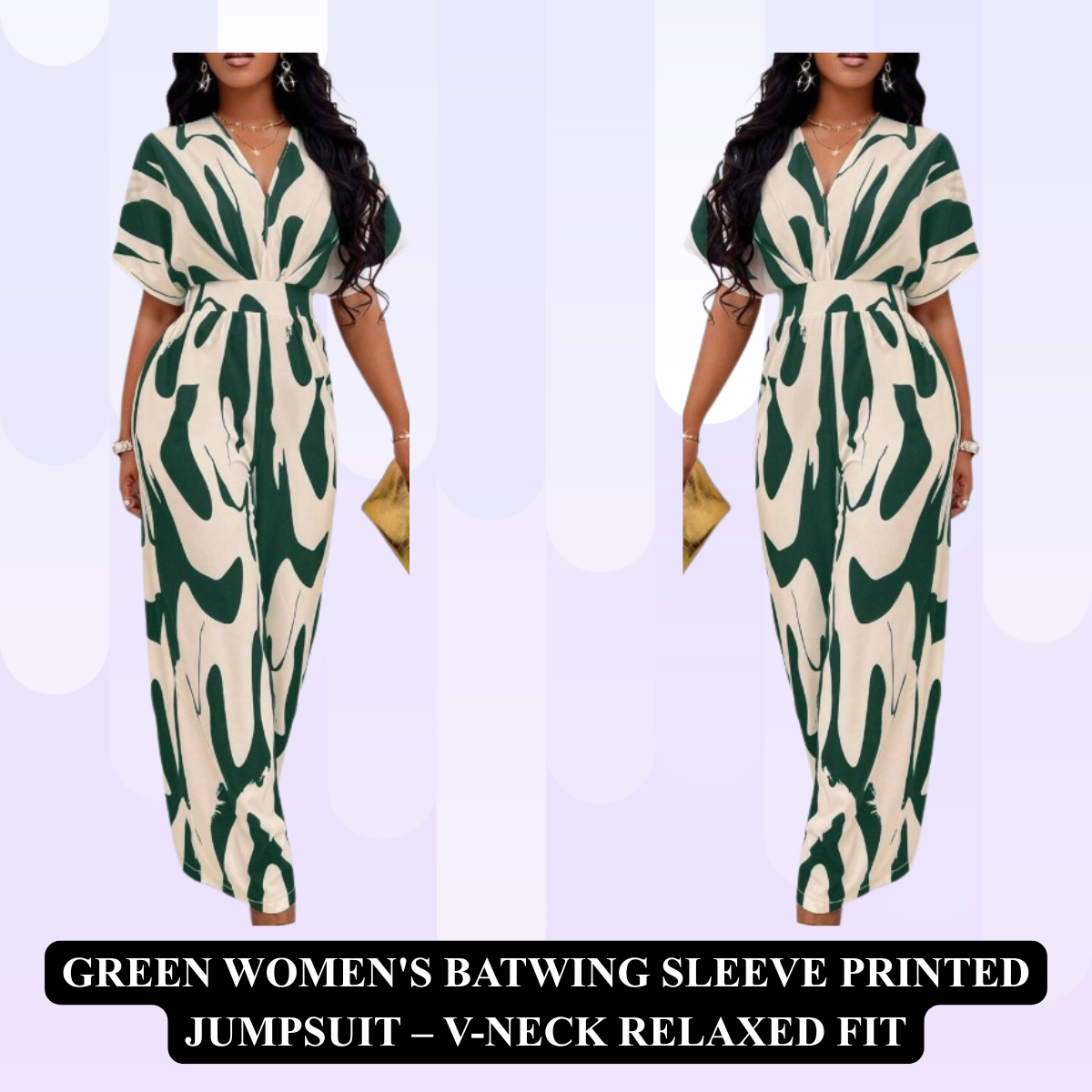 Women's Batwing Sleeve Printed Jumpsuit – V-Neck Relaxed Fit