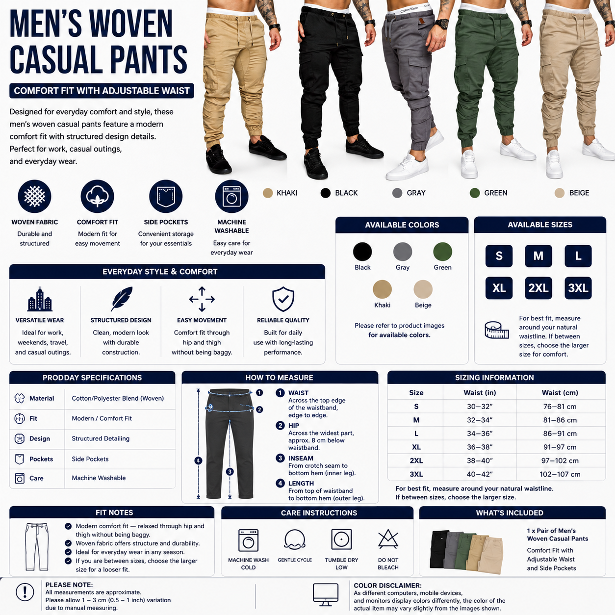 Men’s Woven Casual Pants – Comfort Fit with Adjustable Waist