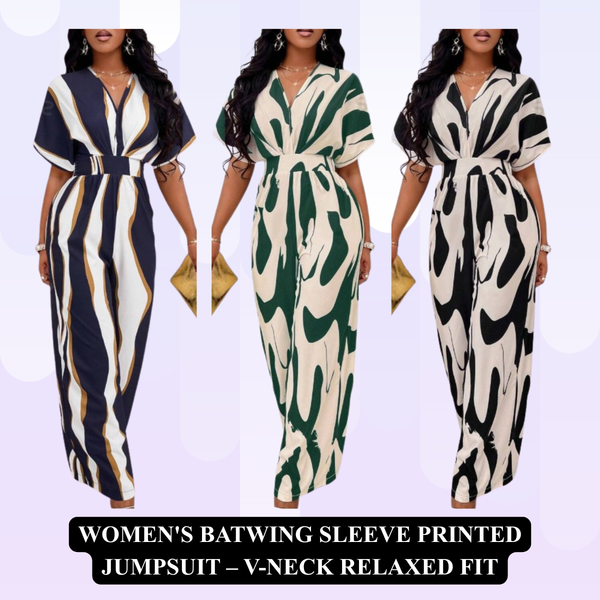 Women's Batwing Sleeve Printed Jumpsuit – V-Neck Relaxed Fit