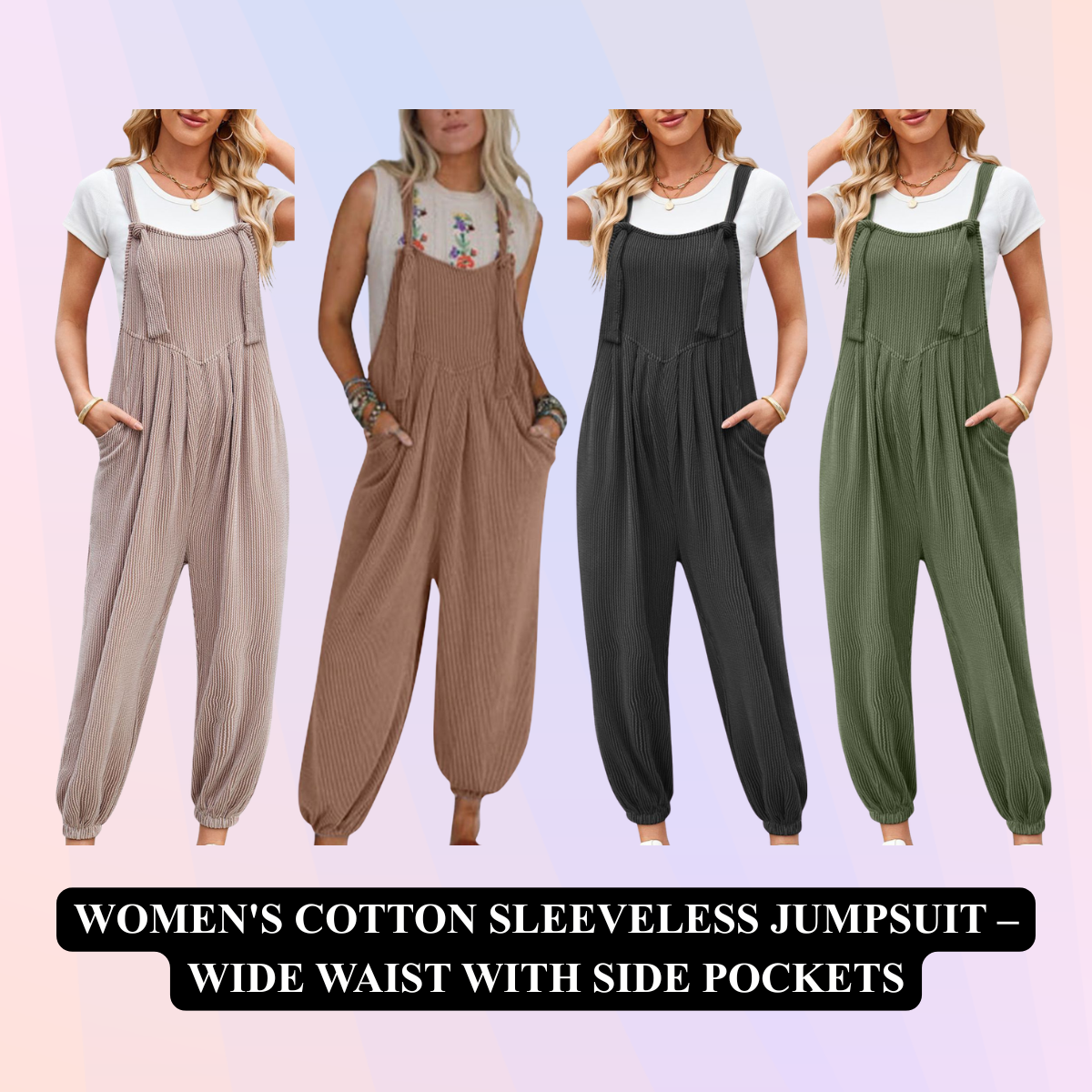 Women's Cotton Sleeveless Jumpsuit – Wide Waist with Side Pockets