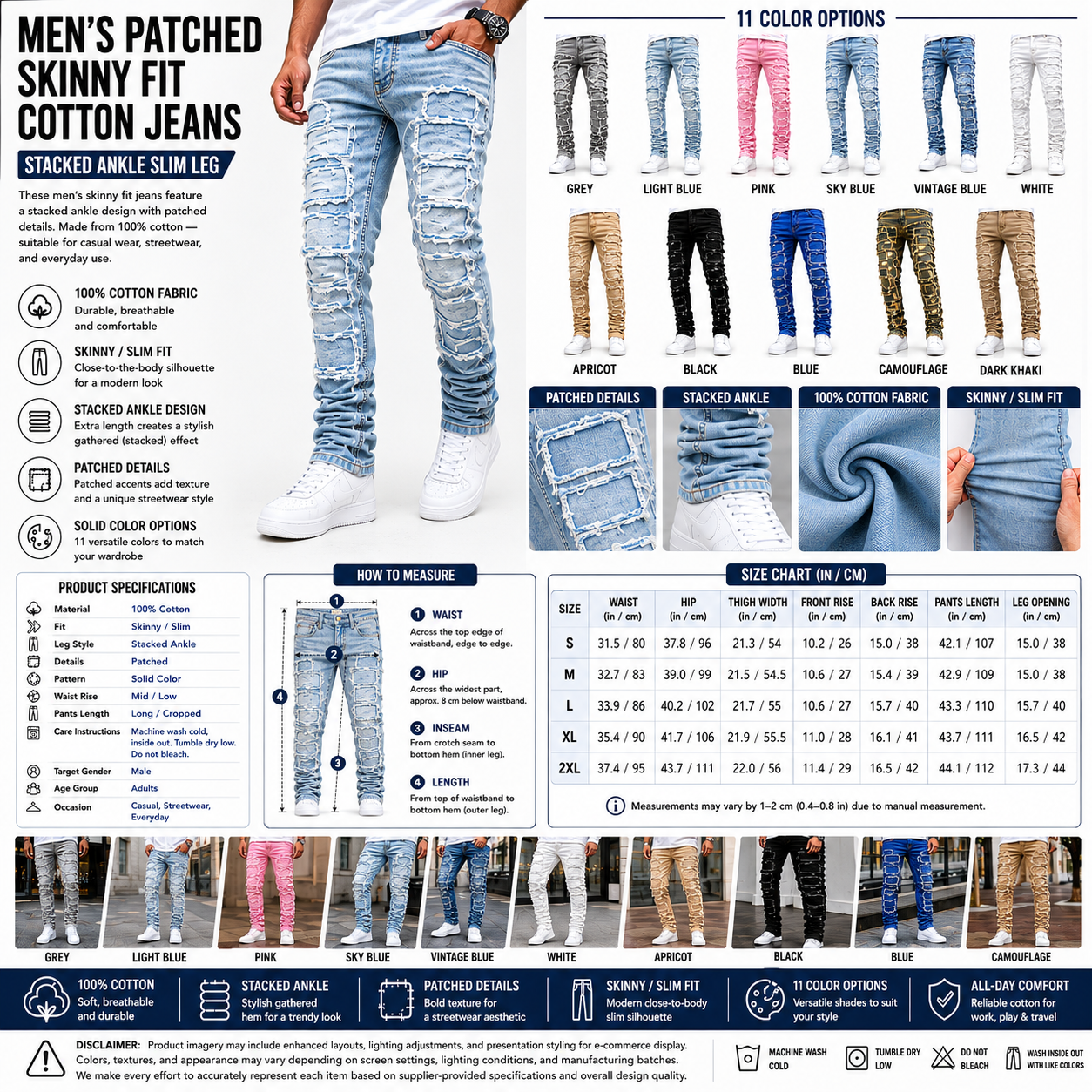Men's Patched Skinny Fit Cotton Jeans – Stacked Ankle Slim Leg