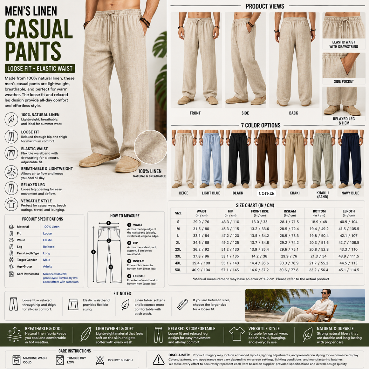 Men's Linen Casual Pants – Loose Fit Elastic Waist Breathable