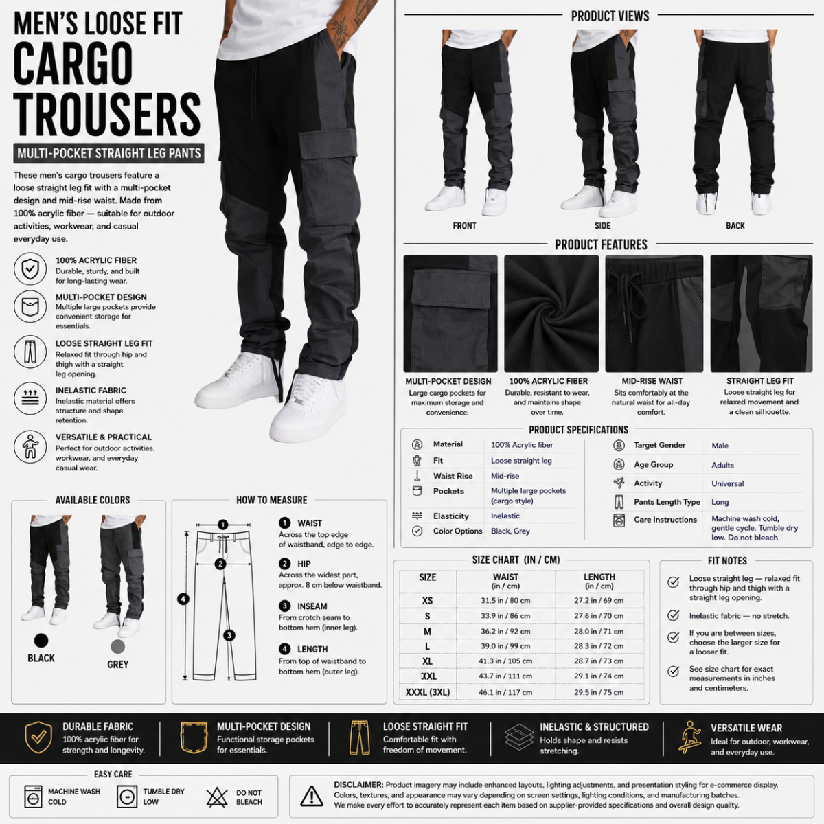 Men's Loose Fit Cargo Trousers – Multi-Pocket Straight Leg Pants