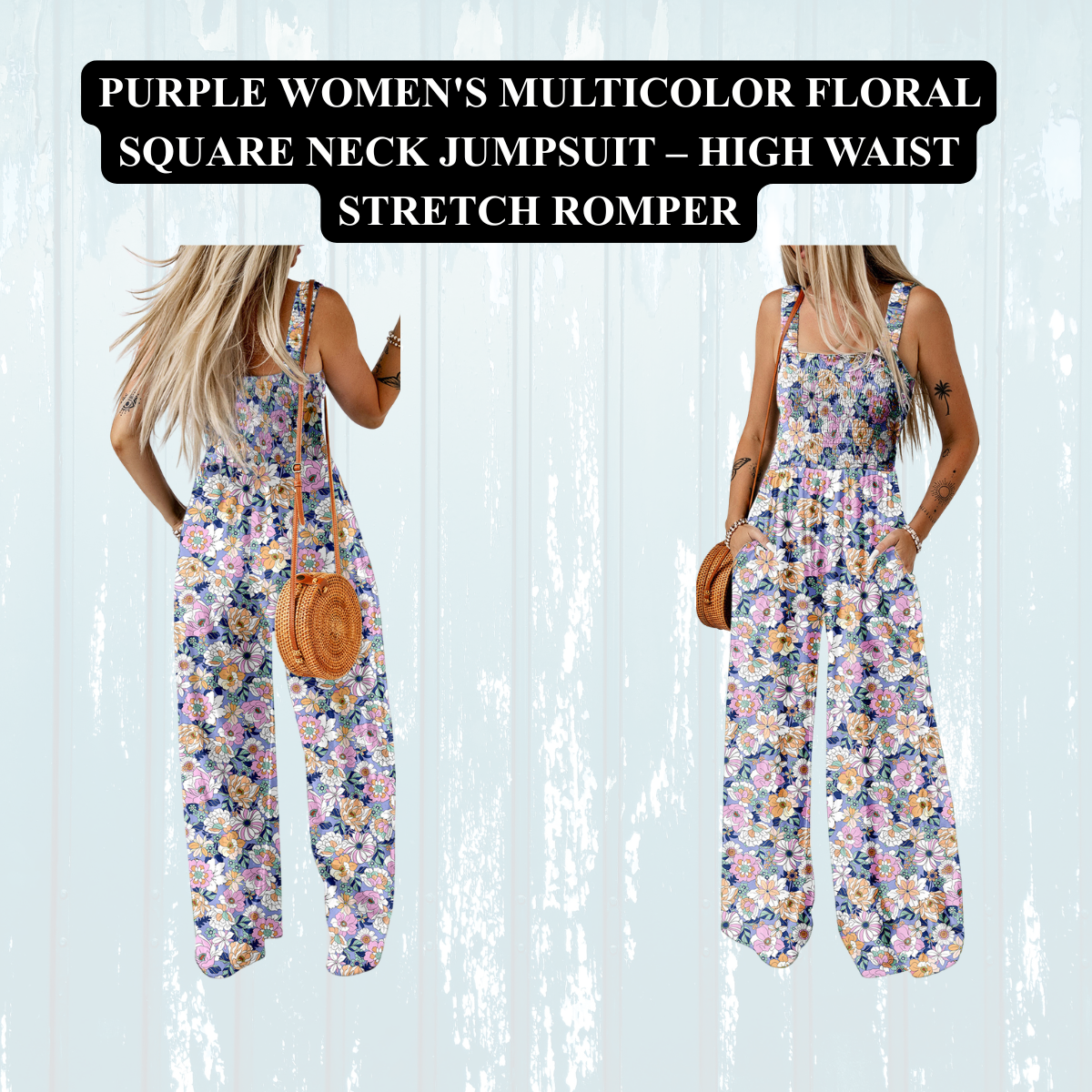 Women's Multicolor Floral Square Neck Jumpsuit – High Waist Stretch Romper