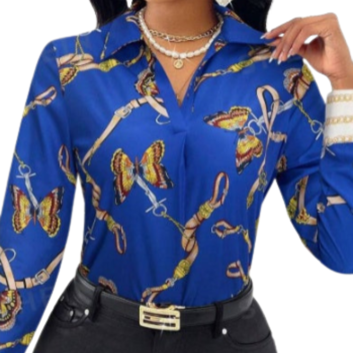 Women's Butterfly Print Long Sleeve Shirt - Stretch Casual Top
