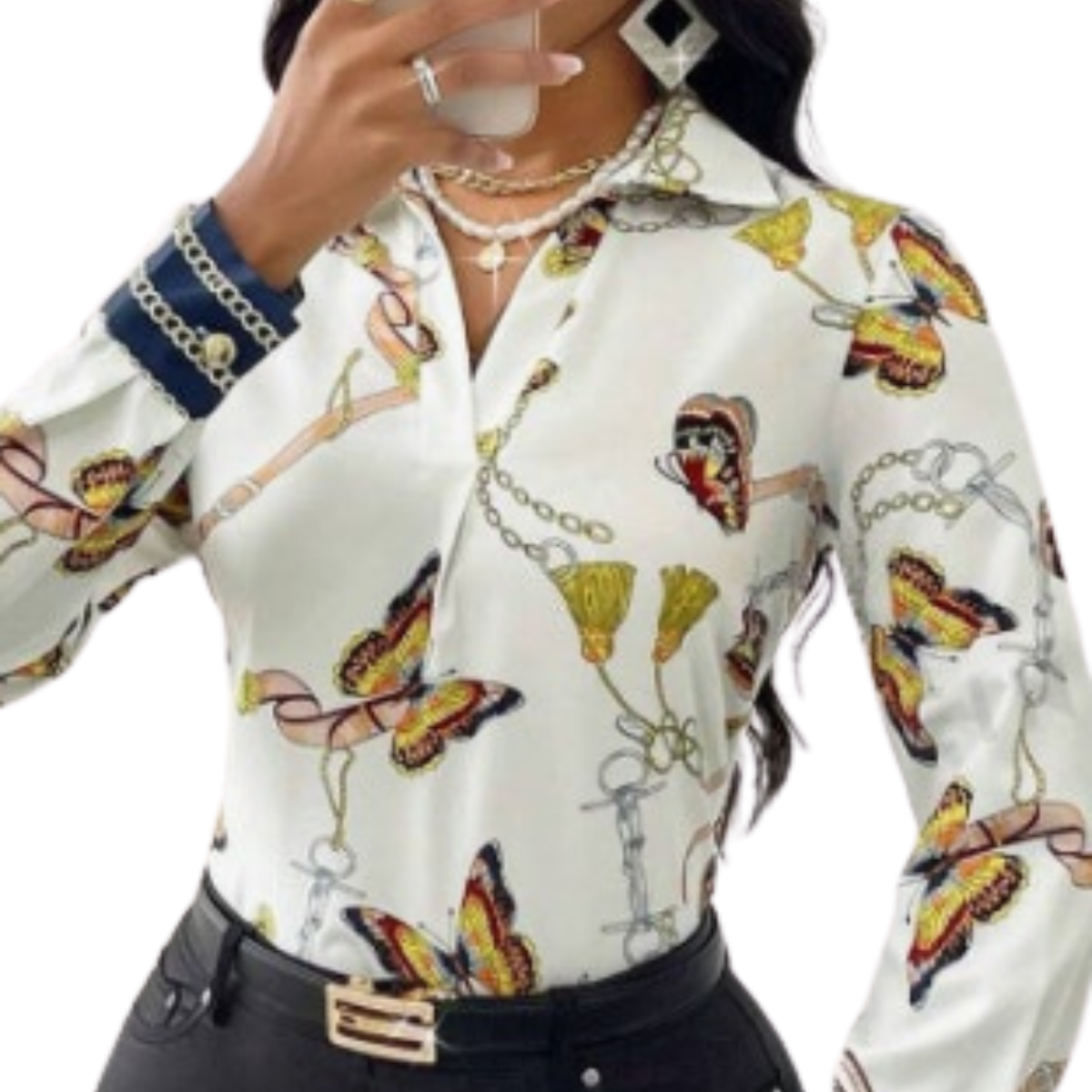 Women's Butterfly Print Long Sleeve Shirt - Stretch Casual Top