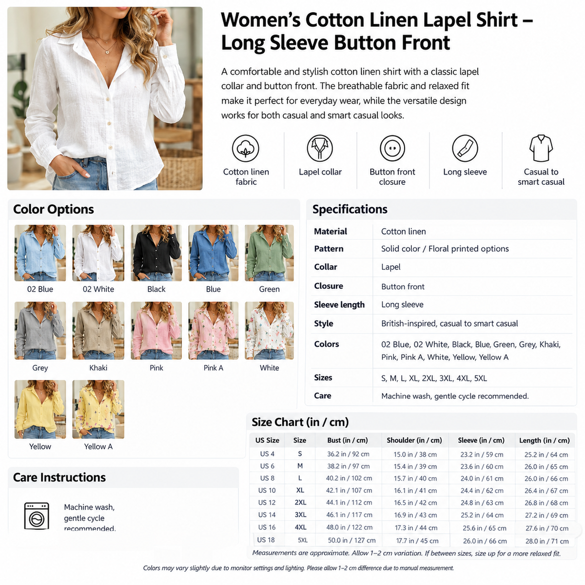 Women's Cotton Linen Lapel Shirt – Long Sleeve Button Front