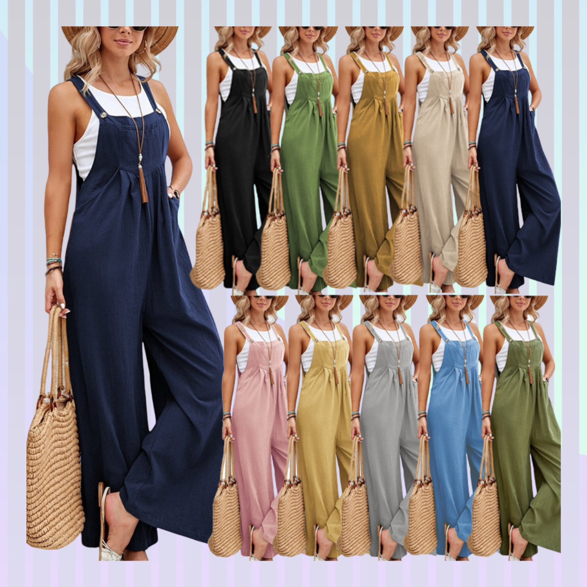 Women's Cotton Suspenders Straight Leg Pants – Adjustable Straps