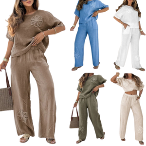 Plus Size Embroidered Top & High Waist Trousers
