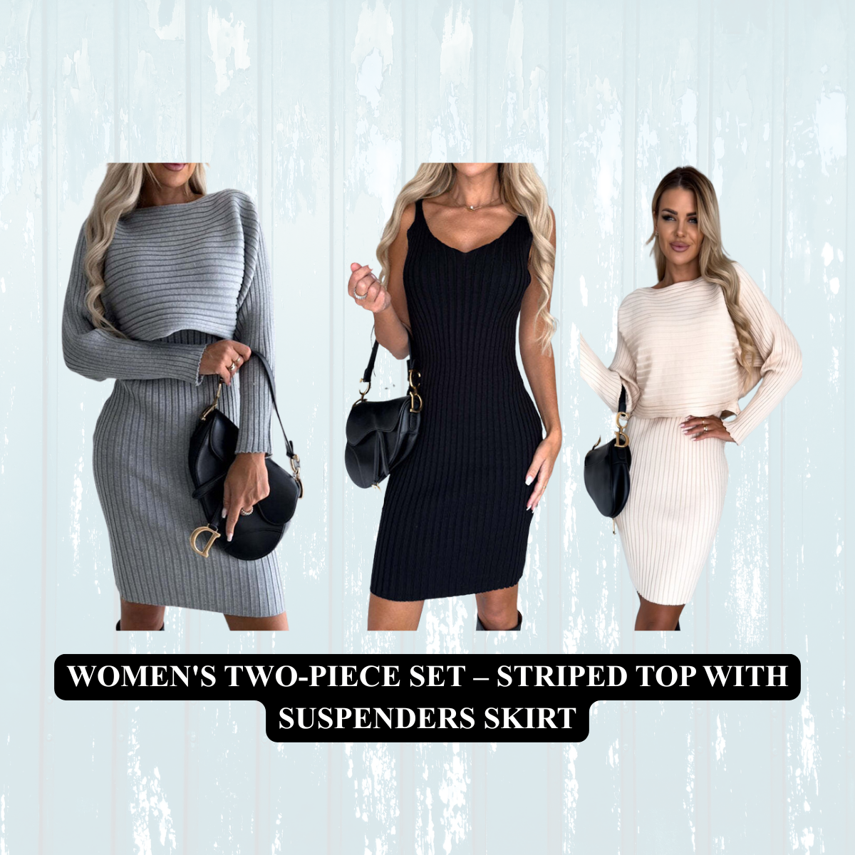 Women's Two-Piece Set – Striped Top with Suspenders Skirt