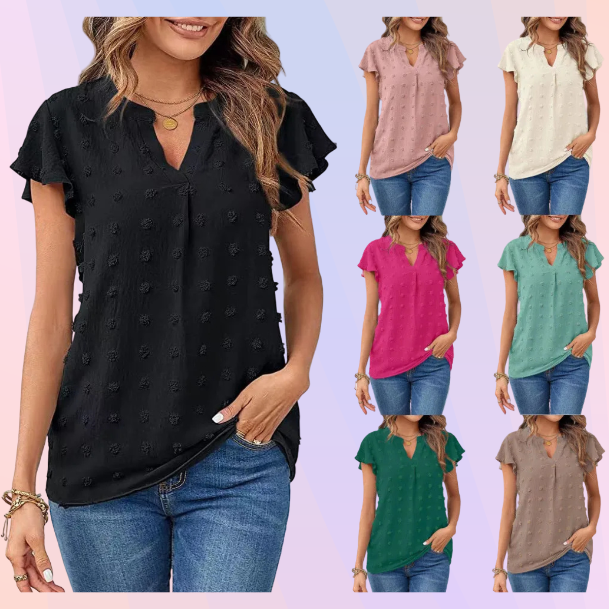 Women's V-Neck Ruffle Short Sleeve Chiffon Blouse