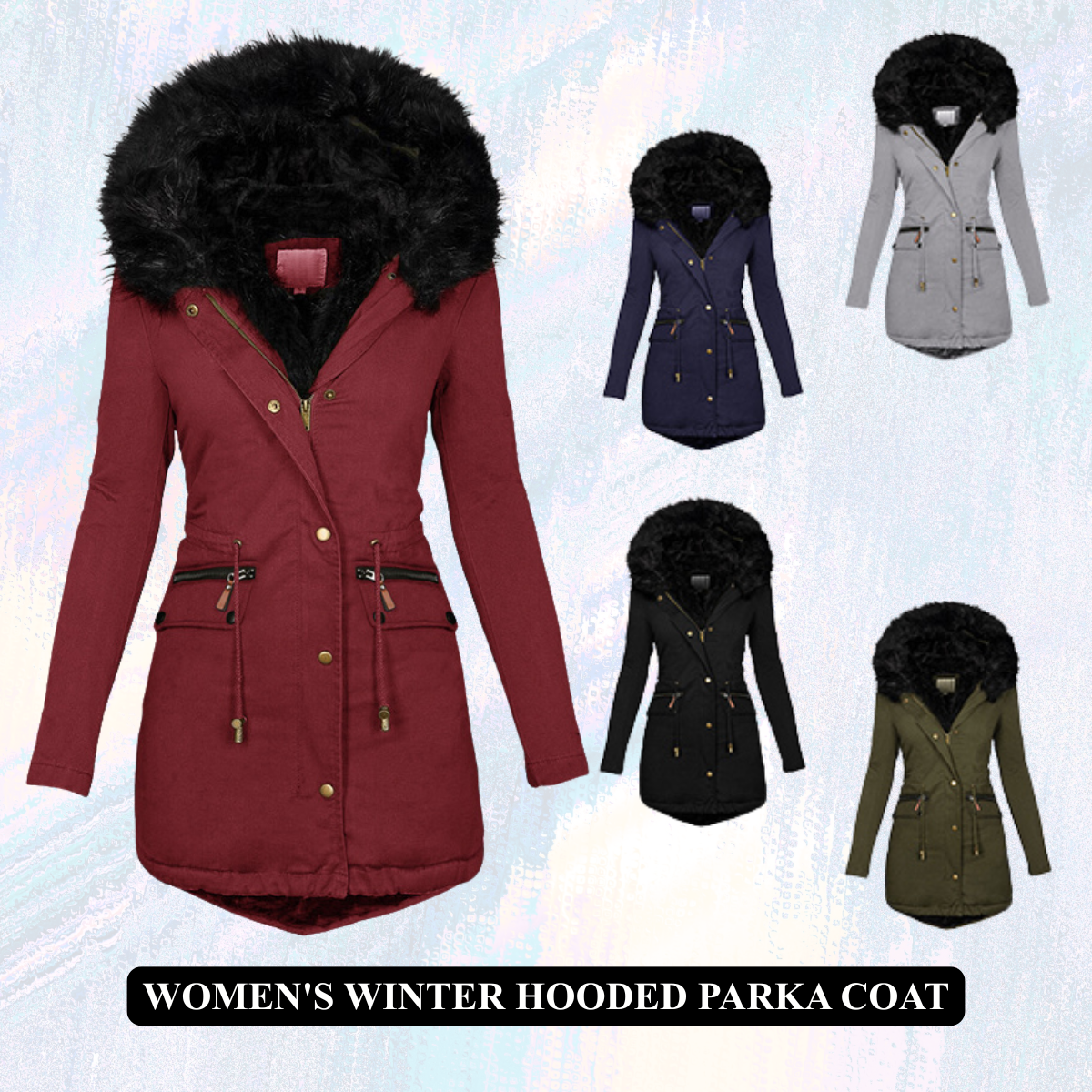 Women's Cotton-Filled Plush Hooded Parka – Zip-Up Mid-Length Coat