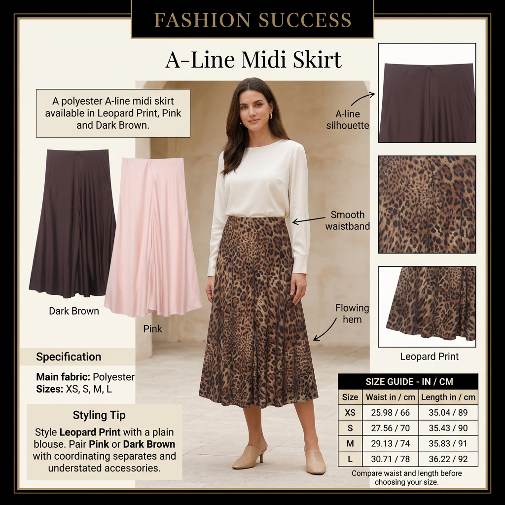 A-line midi skirt infographic with model, three color options and size chart