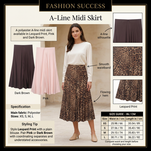 A-line midi skirt infographic with model, three color options and size chart