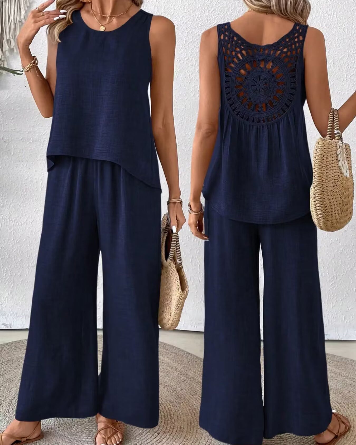 Women's Backless Lace Suit | Sleeveless Solid Color Set