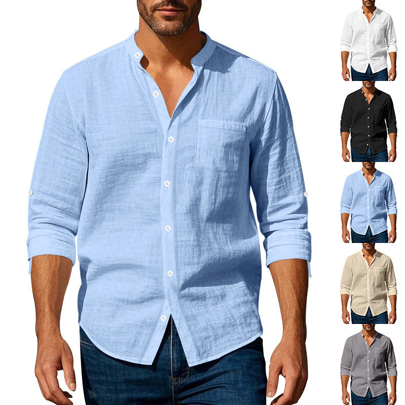 Men's Stand Collar Shirt | Long Sleeve Linen Blend Shirt with Pockets