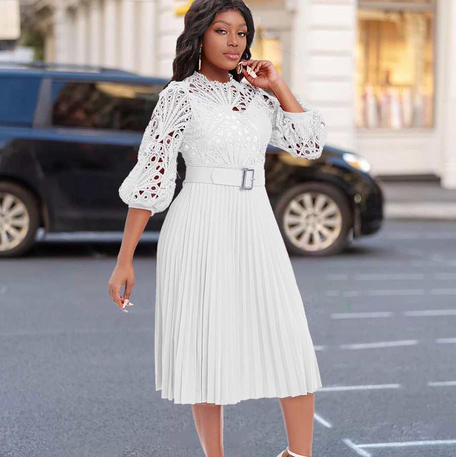 Plus Size African Dress | Lace Stitching Pleated Hollow-Out Design