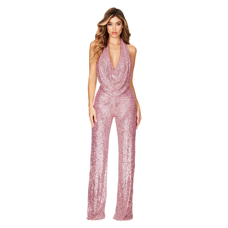 Women's Sequin Halter Jumpsuit | Backless Evening Romper