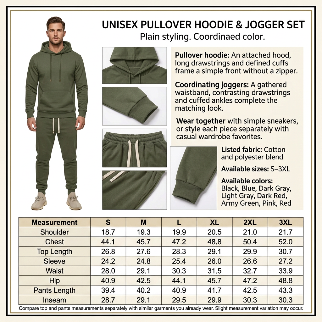 Army Green hoodie and jogger set infographic with male model