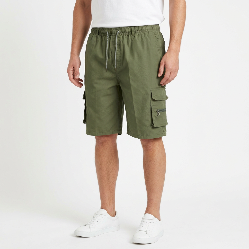 Army Green work shorts on a male model