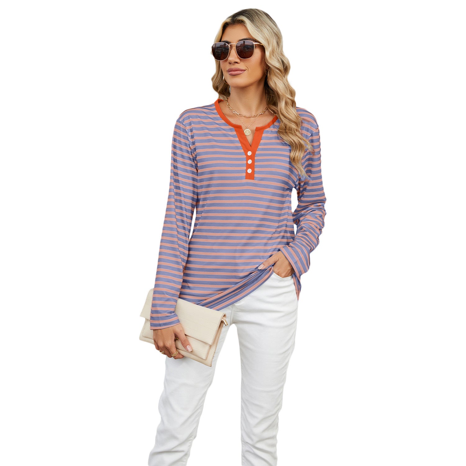 Women's V-Neck Striped Cotton T-Shirt