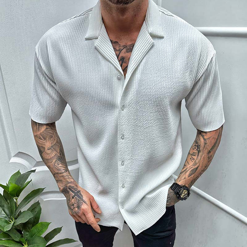 Men's Short Sleeve Cardigan | Solid Color Cotton Blend Shirt