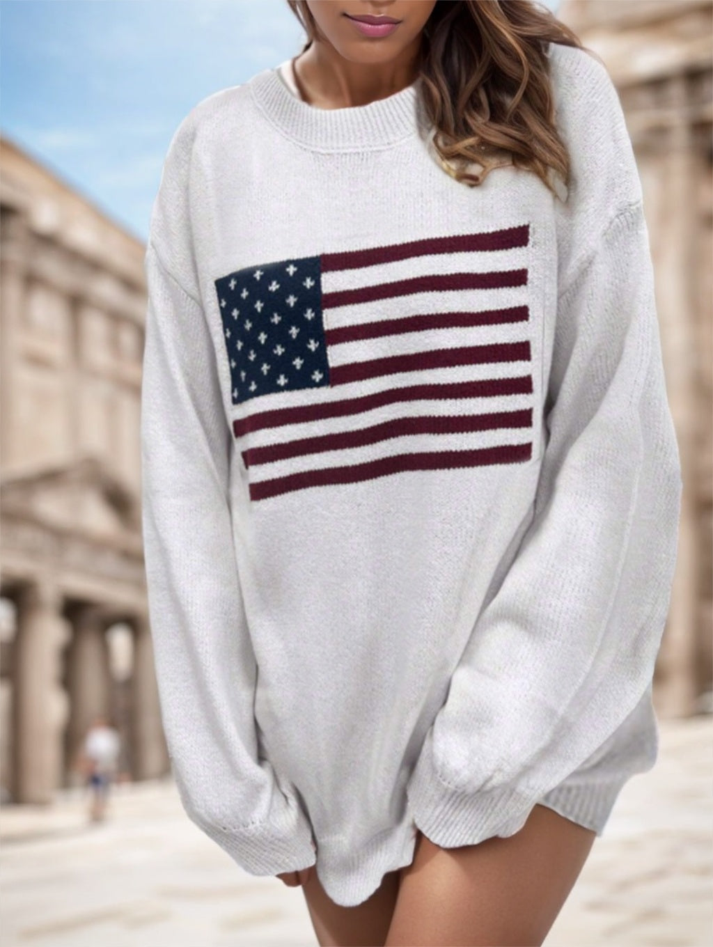 USA Flag Drop Shoulder Women's Sweater | Patriotic Long Sleeve Women's Top