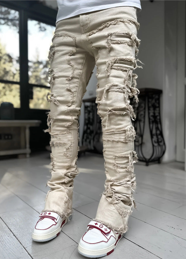 Men's Stacked Skinny Jeans | Patched Slim Fit Cotton Trousers