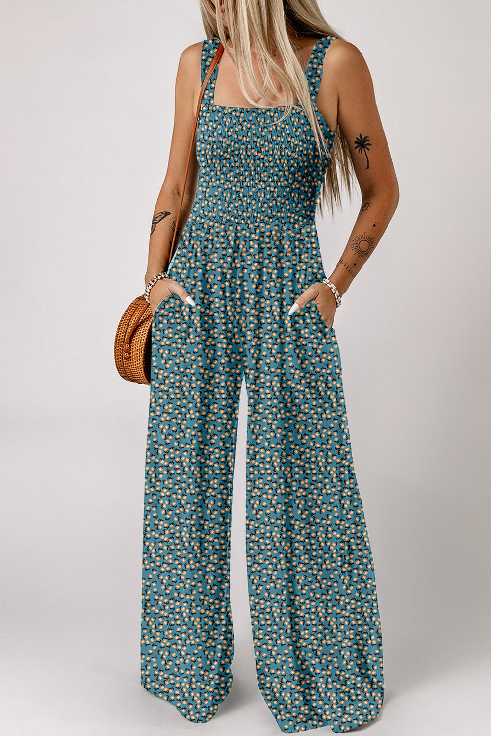 Women's Purple Floral Jumpsuit | Square Neck High Waist Stretch
