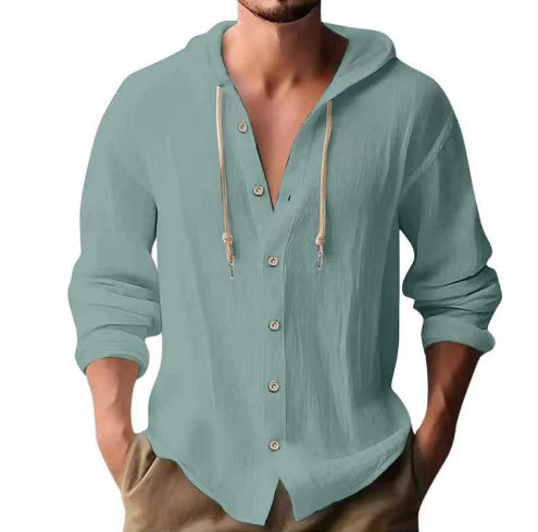 Men's Cotton Linen Hooded Shirt | Button Down Long Sleeve Sweater