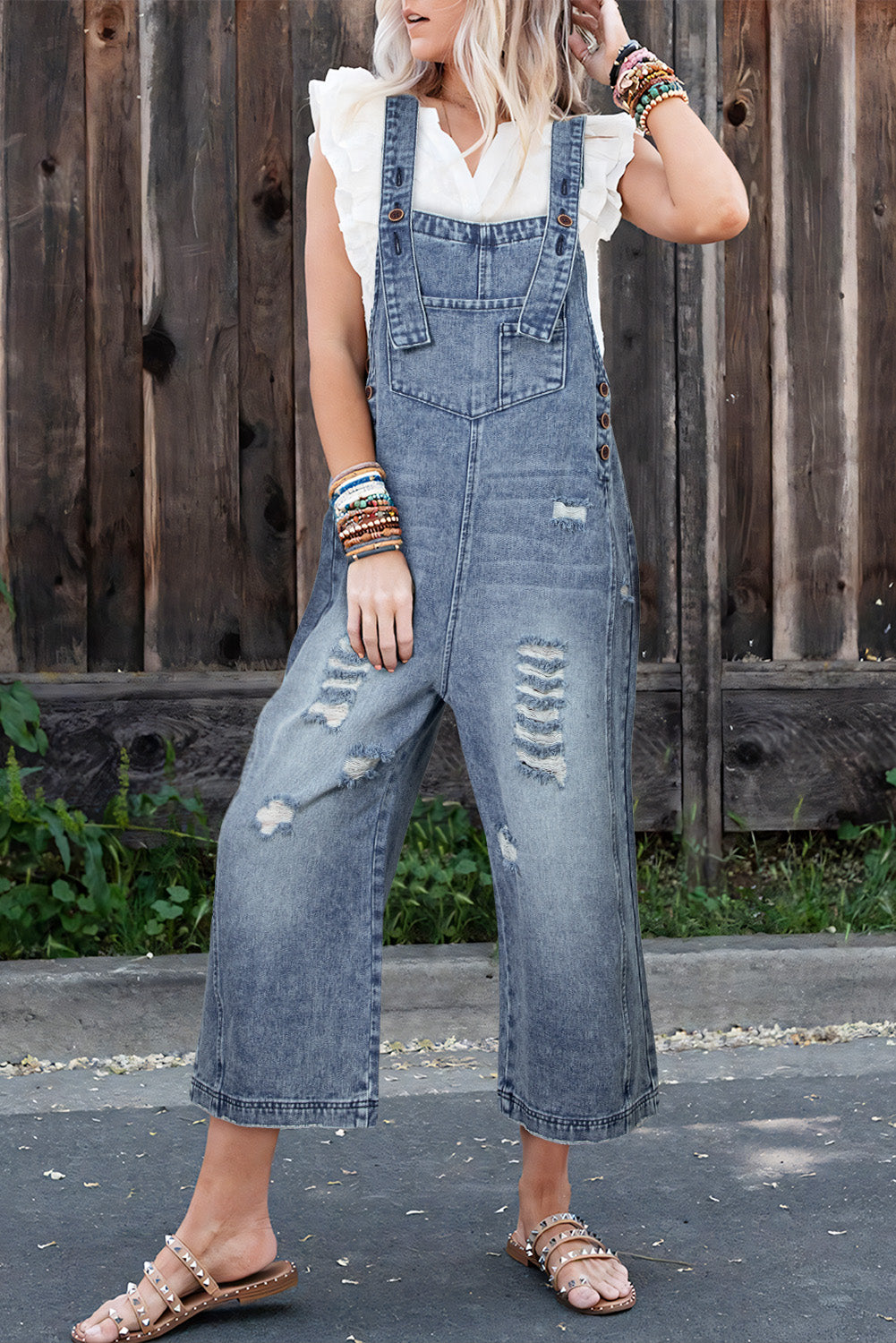 Women's Stone Blue Denim Overall | Distressed Bib Pocket Wide Leg