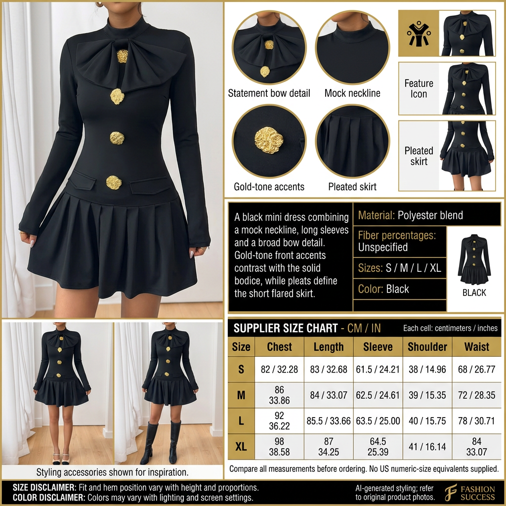 Black bow-detail mini dress infographic