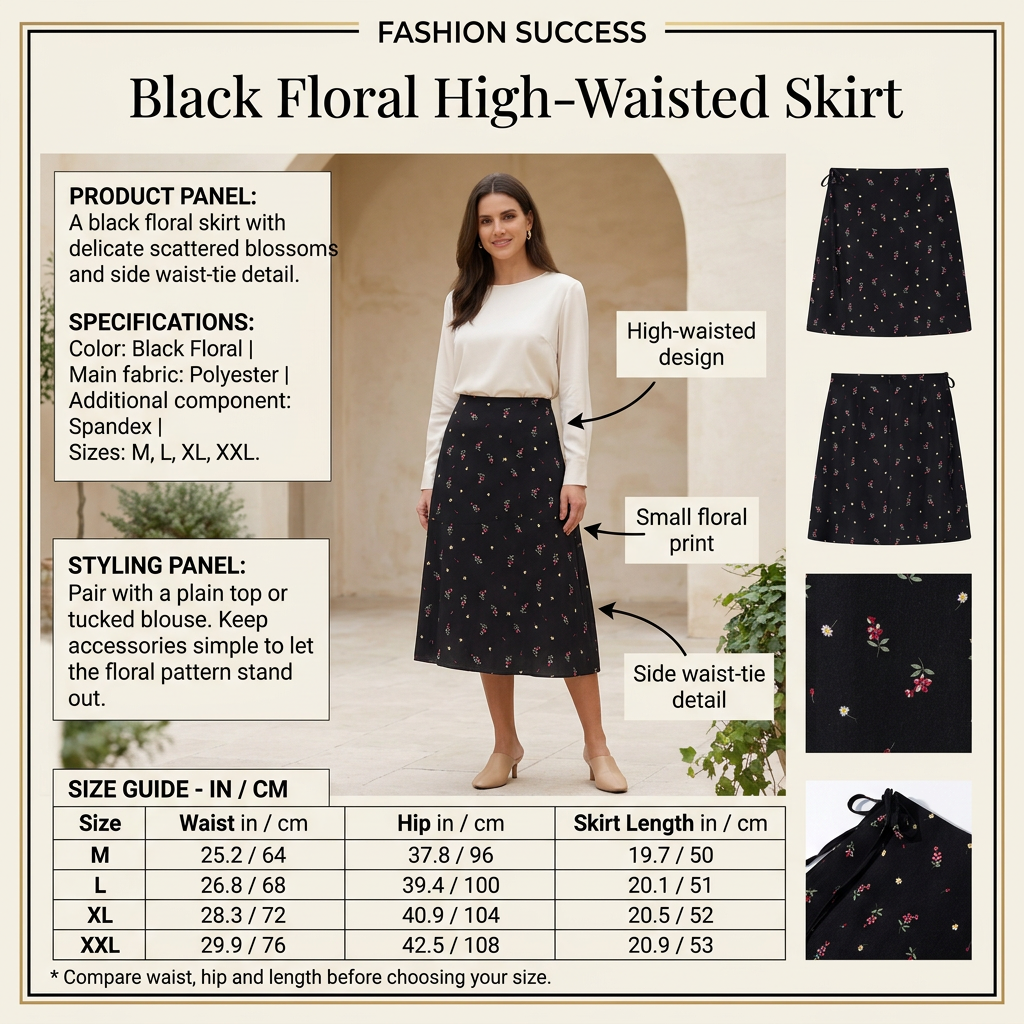 Black floral skirt infographic with preferred model, product details and size chart