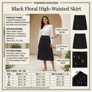 Black floral skirt infographic with preferred model, product details and size chart