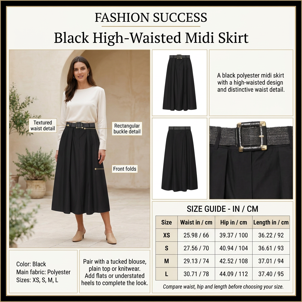 Black midi skirt infographic with preferred model, product details and size chart