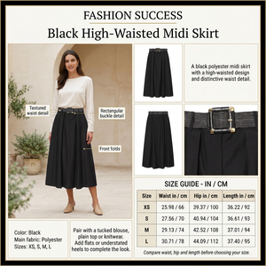 Black midi skirt infographic with preferred model, product details and size chart