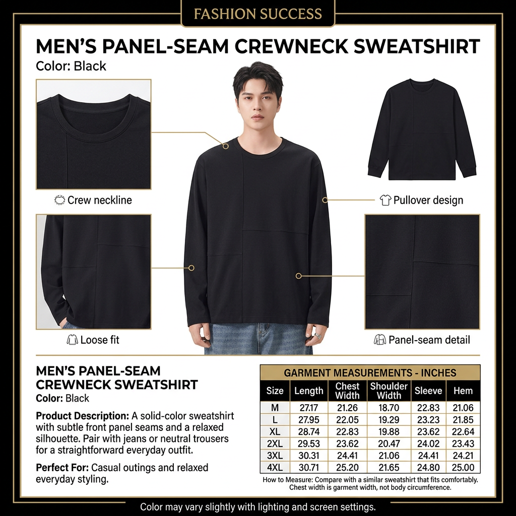 Black panel-seam crewneck sweatshirt infographic