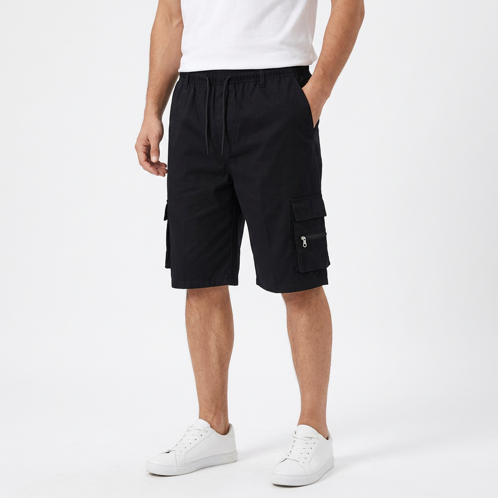 Black work shorts on a male model