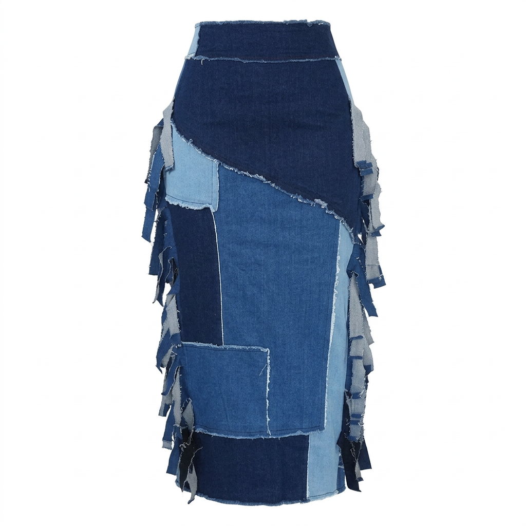 Blue patchwork skirt without model on white background