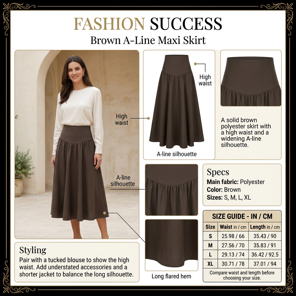 Brown A-line maxi skirt infographic with model, detail close-ups and size chart