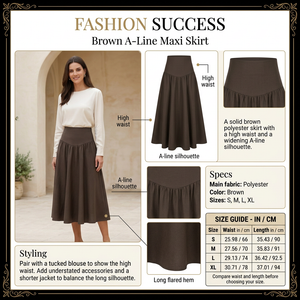 Brown A-line maxi skirt infographic with model, detail close-ups and size chart