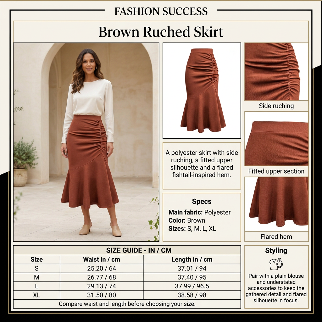 Brown ruched skirt infographic with model, detail close-ups and size chart