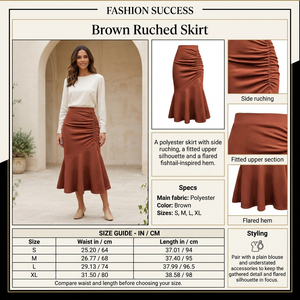 Brown ruched skirt infographic with model, detail close-ups and size chart