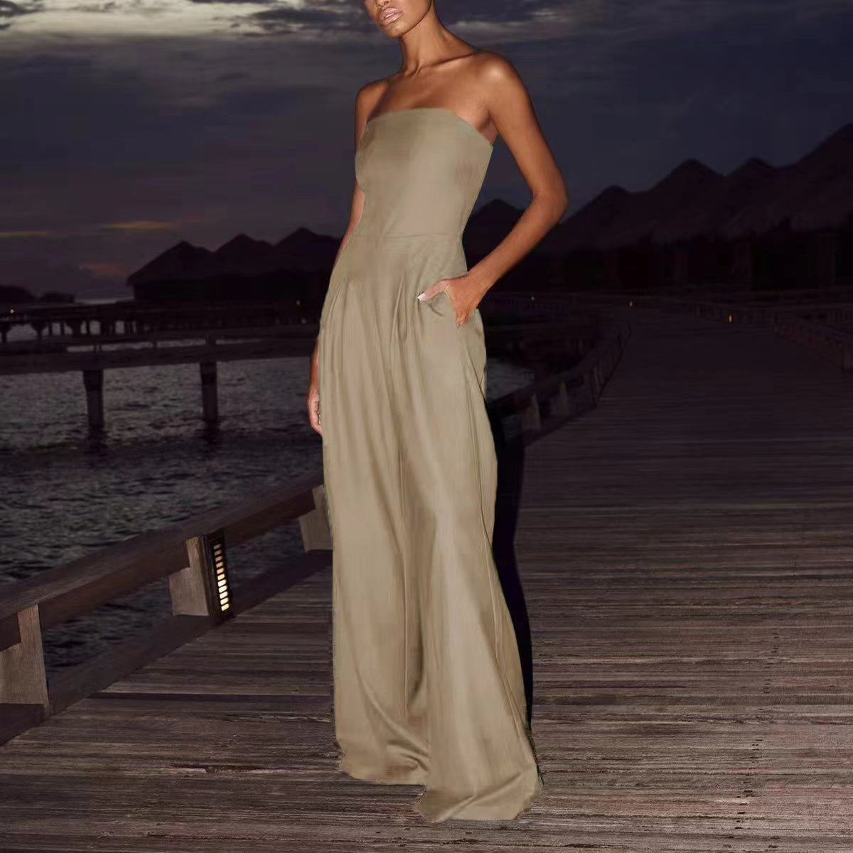 Women's Backless Tube Top Jumpsuit | Loose Wide Leg Romper