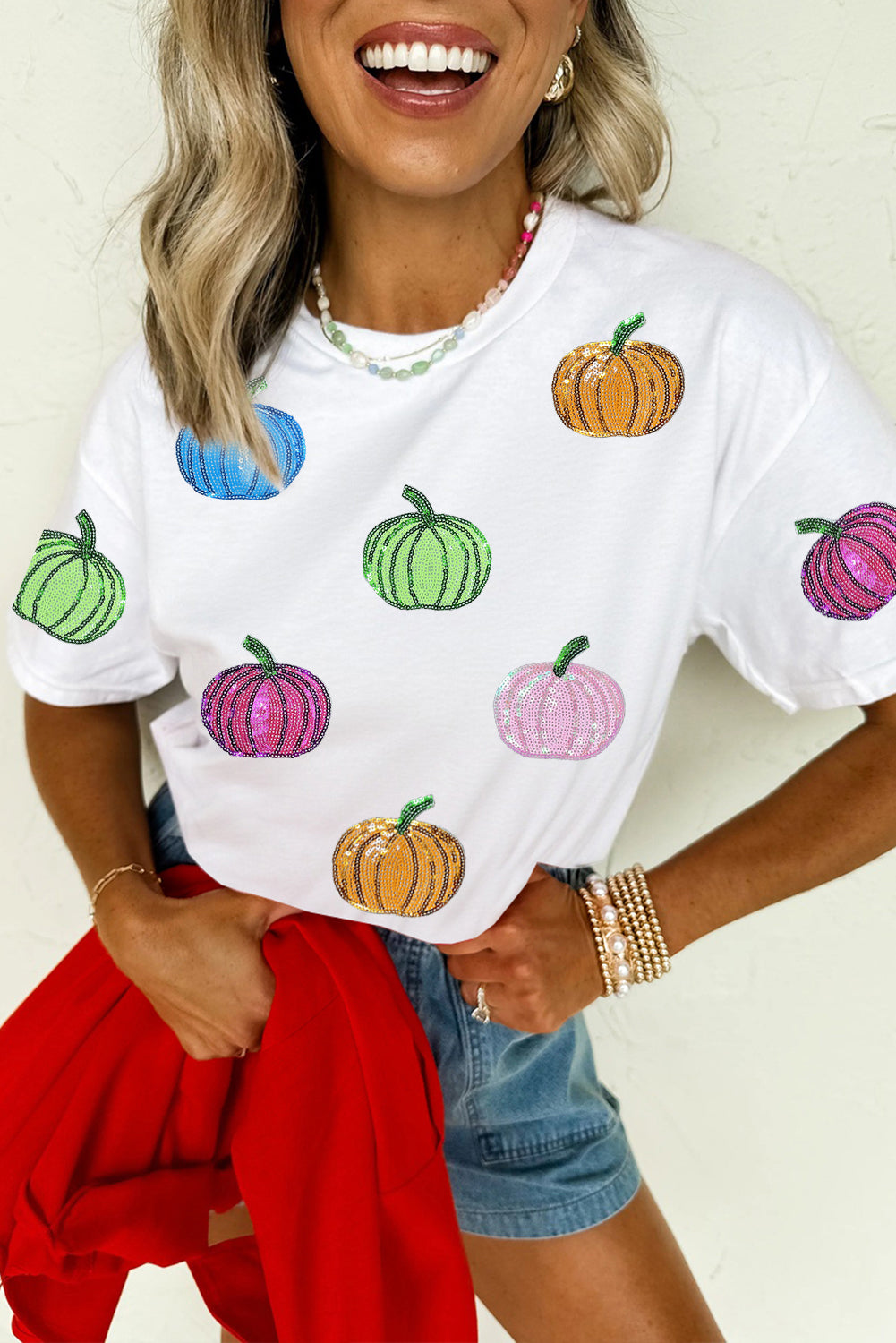 Women's White Sequin Pumpkin Tee | Cotton Blend T-Shirt