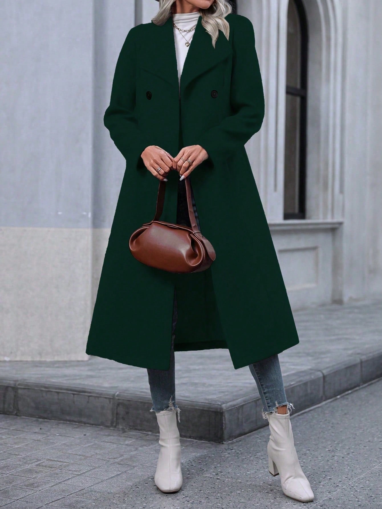 Women's Faux Wool Long Coat | Double-Breasted Minimalist Winter Coat