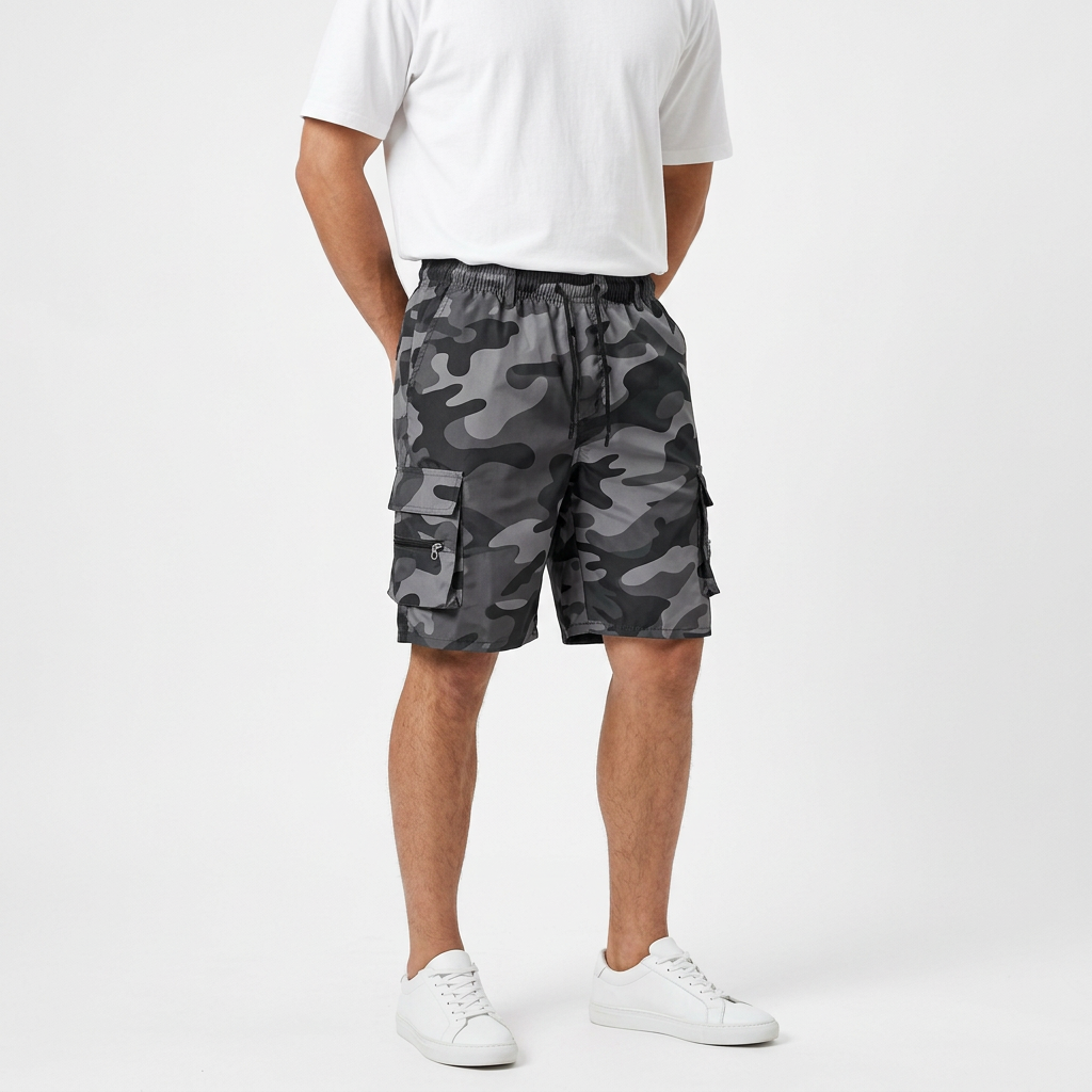 Camouflage Gray work shorts on a male model