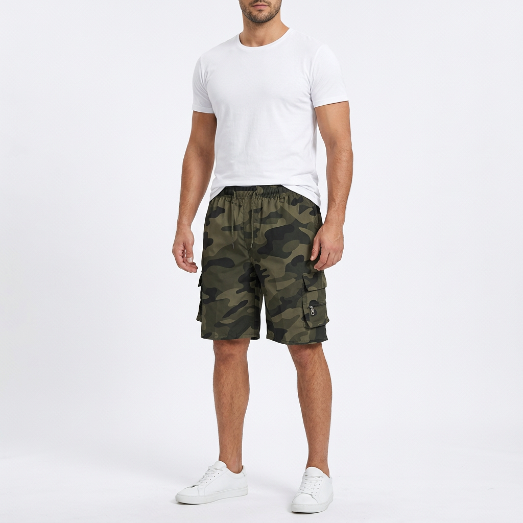 Camouflage Green work shorts on a male model